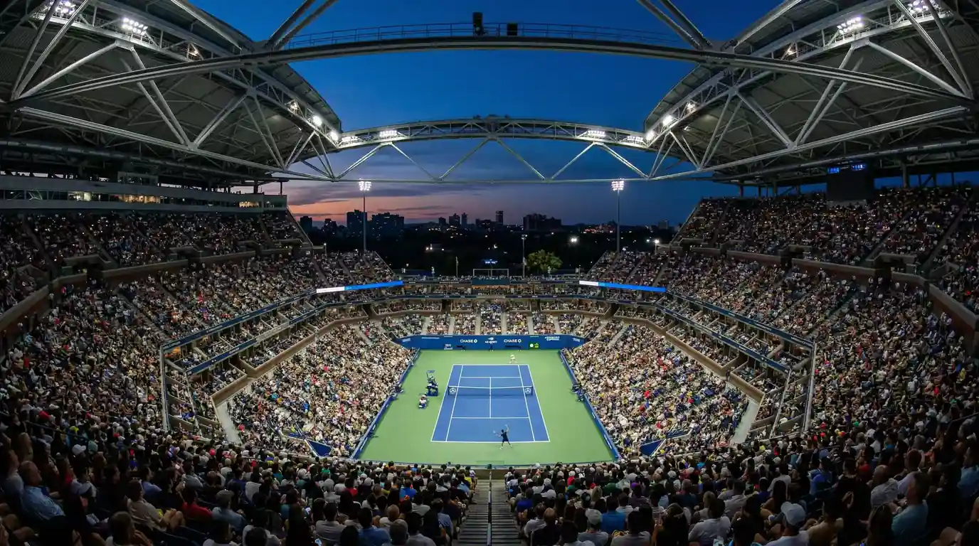 Grand-Slam-Tennisturnier mit Stadion und Zuschauern für Wettanalyse