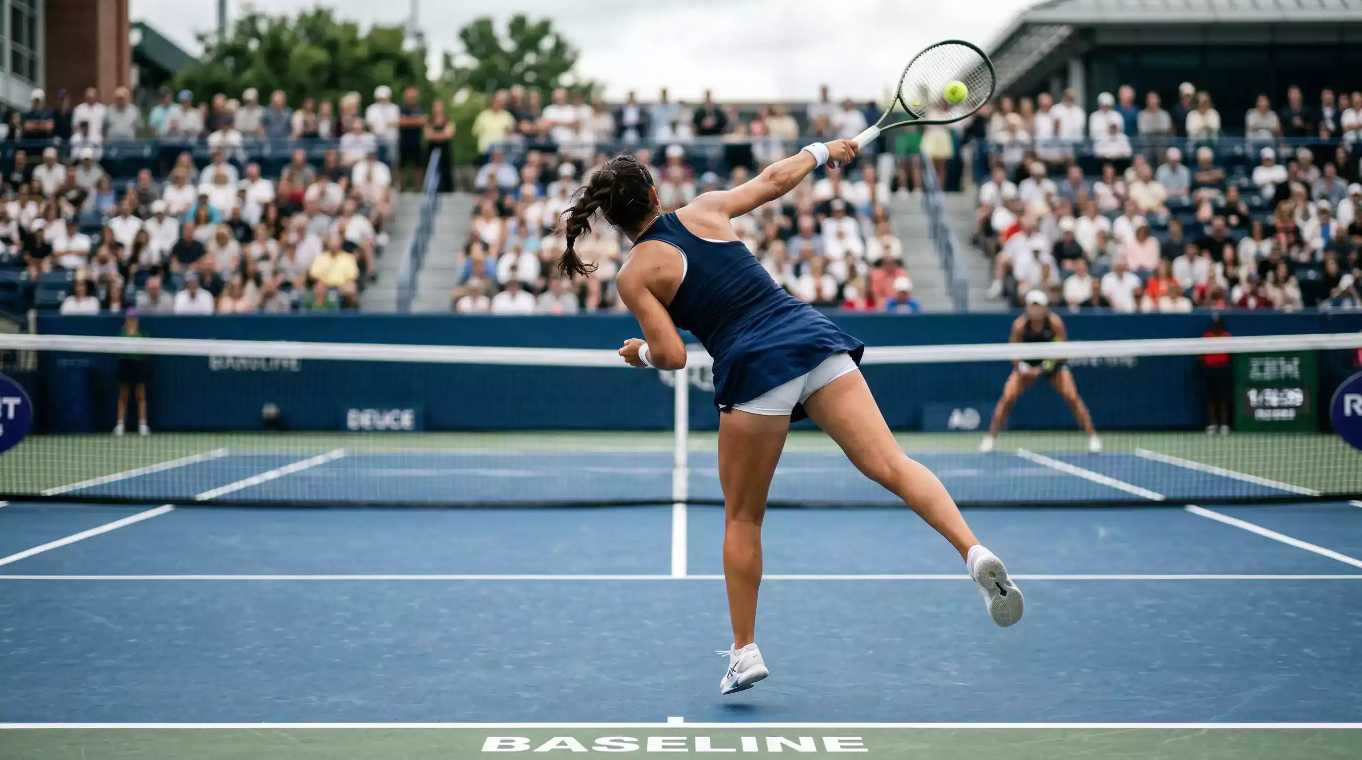 Tennisplatz während eines Aufschlagspiels mit Blick auf die Grundlinie und den aufschlagenden Spieler