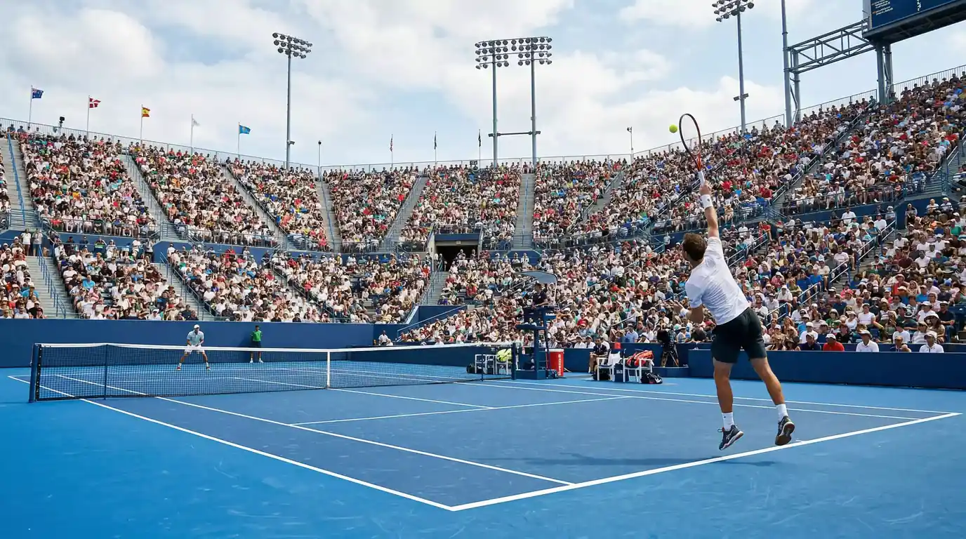 Tennisspieler auf einem Hartplatz bei einem ATP Masters 1000 Turnier mit vollen Zuschauertribünen